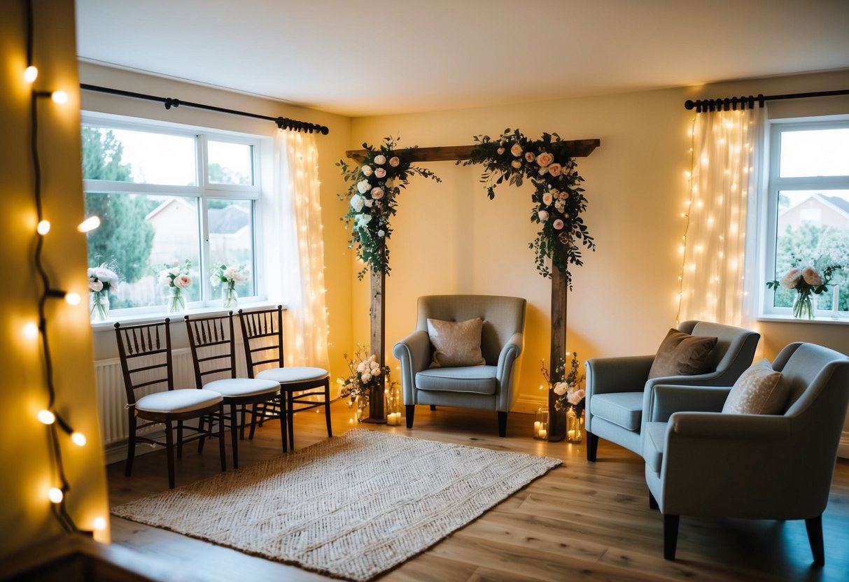 A cozy living room with twinkling fairy lights, a rustic wooden arch adorned with flowers, and a small, intimate gathering of chairs for a home wedding