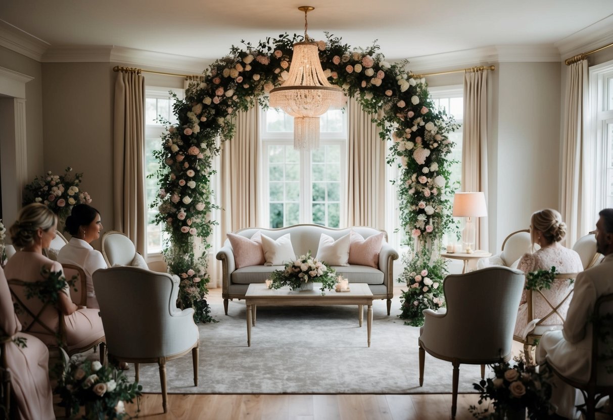A cozy living room with a floral arch and elegant seating, adorned with soft lighting and delicate decorations for an intimate at-home wedding ceremony