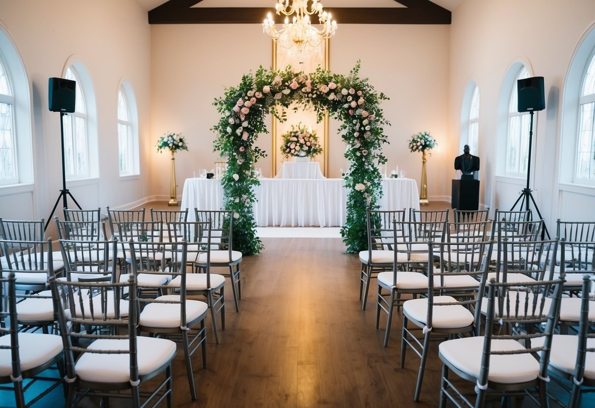 A beautifully decorated wedding venue with empty chairs and tables, a stunning altar, and a floral arch, all waiting for guests that never arrived
