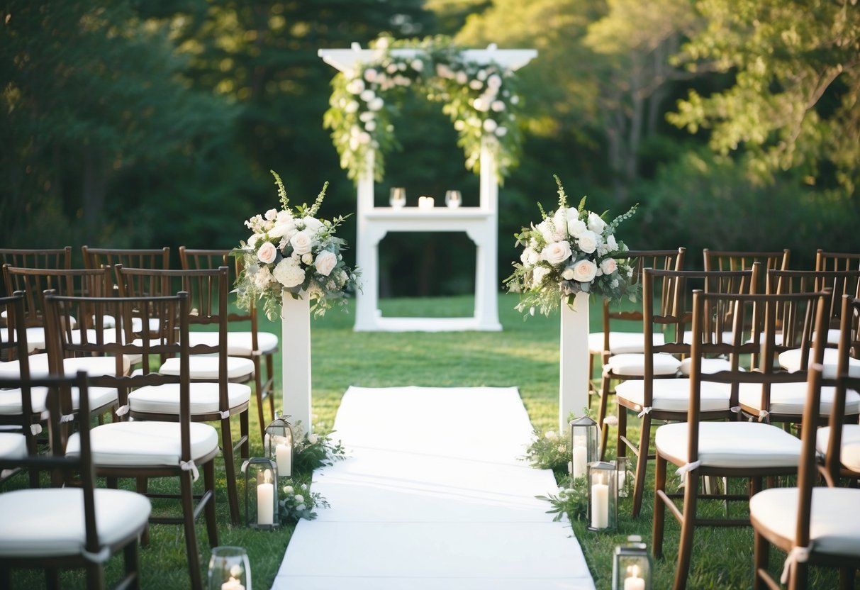 A serene outdoor wedding ceremony with empty chairs and a simple altar adorned with flowers