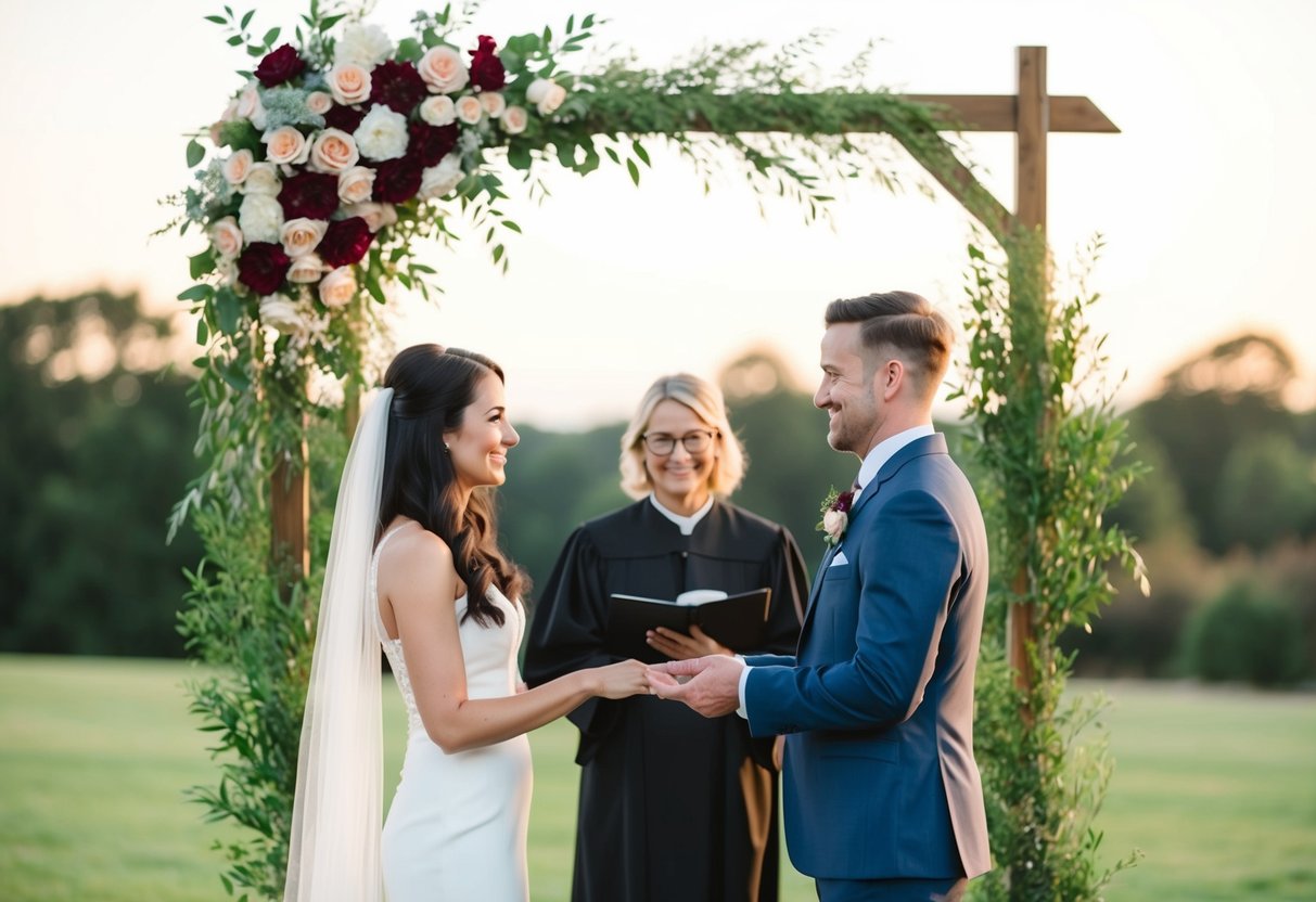 A simple outdoor wedding setup with a floral arch, an officiant, and a couple exchanging vows