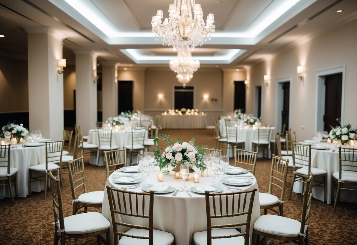 An empty wedding venue adorned with flowers and a beautifully set table, with no guests in sight