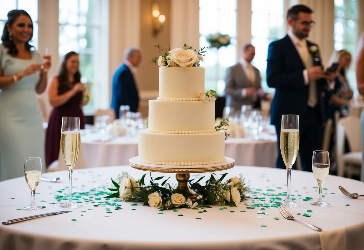 A beautifully decorated wedding table with an elegant cake, champagne flutes, and scattered confetti, all untouched by guests