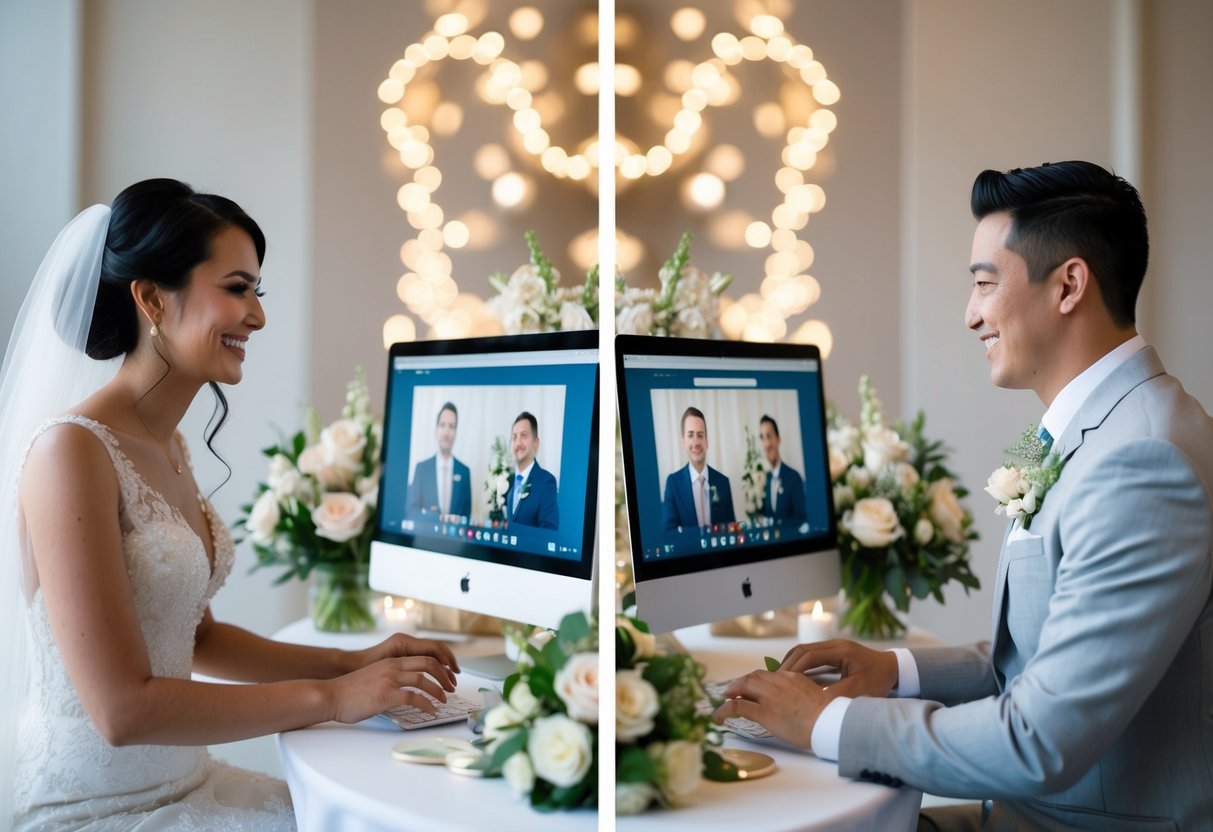 A bride and groom sit at separate computers, surrounded by wedding decor and flowers, as they smile and exchange vows over a Zoom call