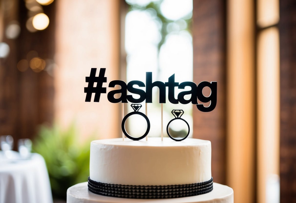 A wedding cake topper with a hashtag sign and two rings