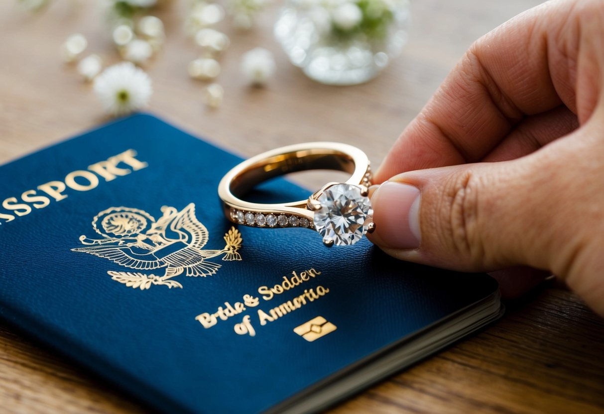 A wedding ring being placed on a passport with both the bride and groom's names