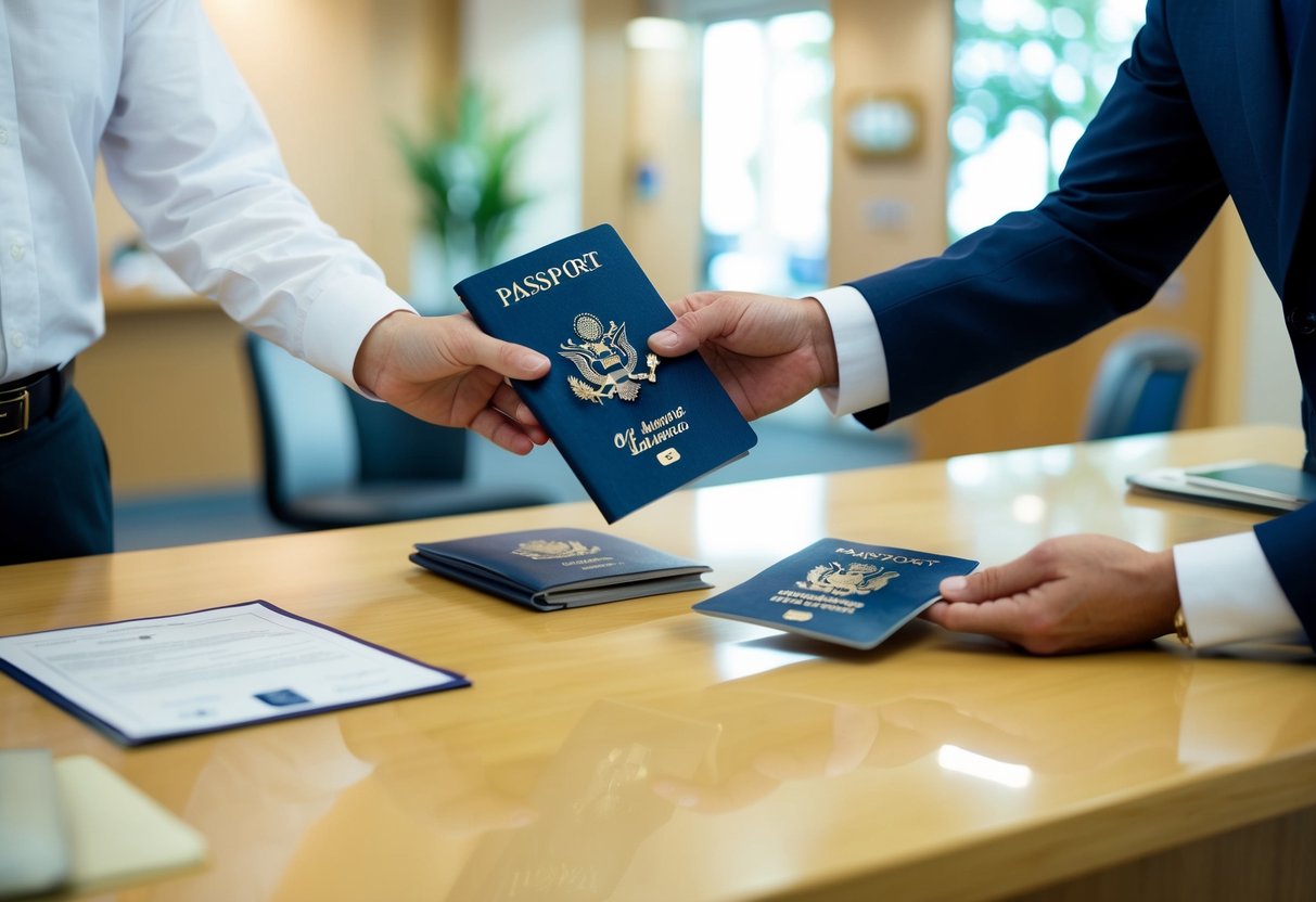 A person handing over their old passport and marriage certificate to a government official at a passport office counter