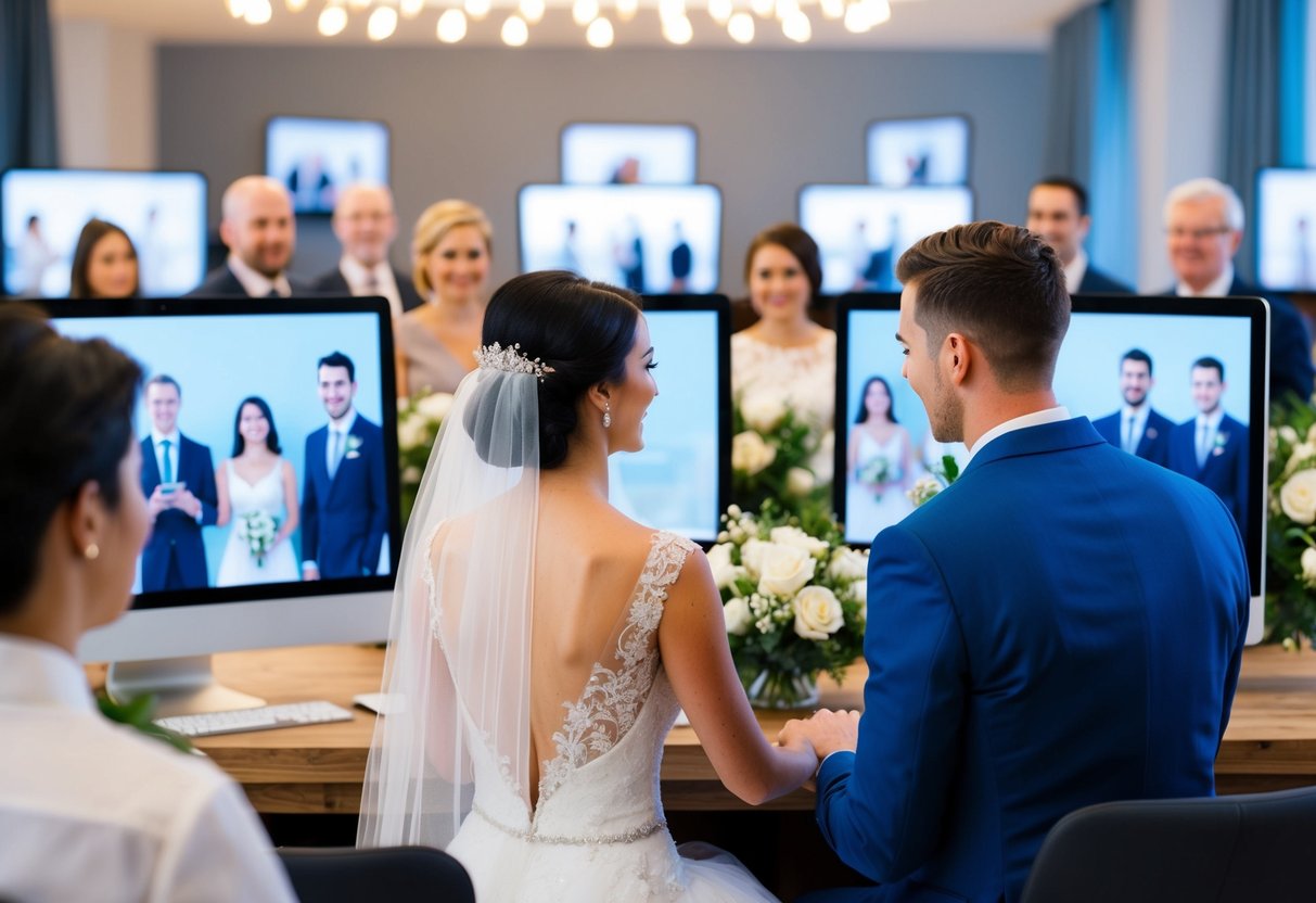 A bride and groom sit in front of computer screens, surrounded by virtual guests, exchanging vows in a virtual wedding ceremony