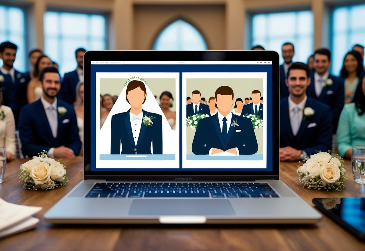 A laptop displaying a virtual wedding ceremony with a bride and groom on separate screens surrounded by virtual guests in a Zoom call