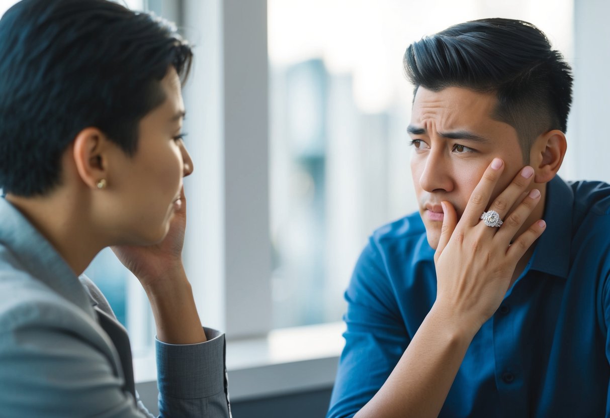 A person with a wedding ring on their finger, nervously avoiding eye contact while talking to someone who looks disappointed