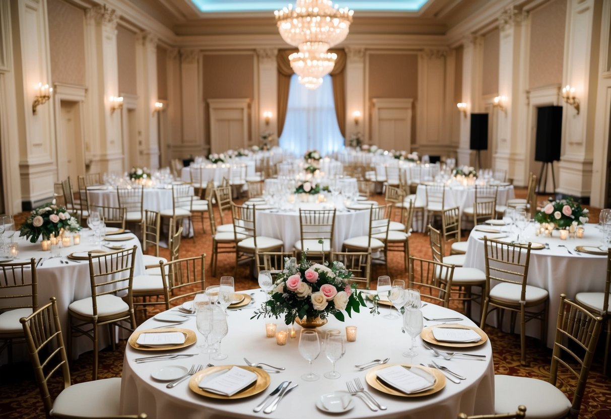 A grand ballroom with elegant tables and chairs arranged in a symmetrical pattern, adorned with floral centerpieces and place settings