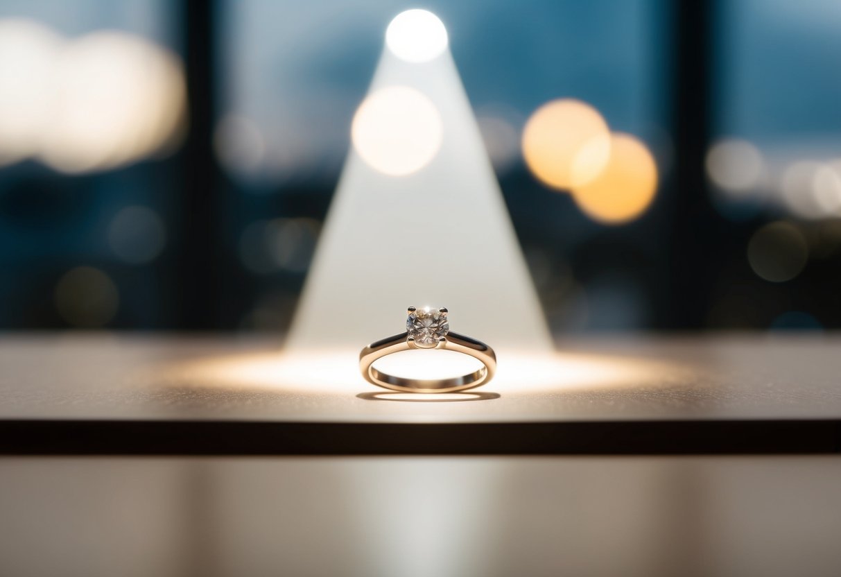 A ring placed on a table with a beaming light shining on it