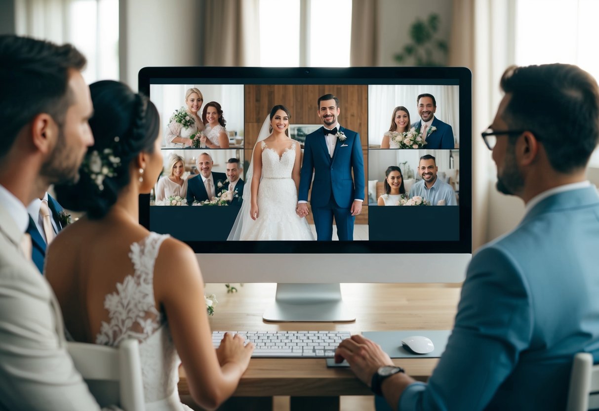 A virtual wedding ceremony with a couple standing in front of a computer, surrounded by family and friends on a video call