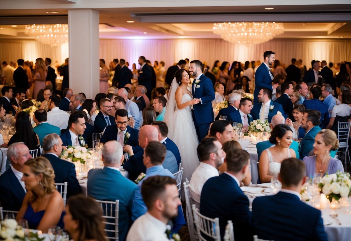 A crowded wedding reception with guests mingling and searching for their seats, while the bride and groom debate the necessity of a seating chart