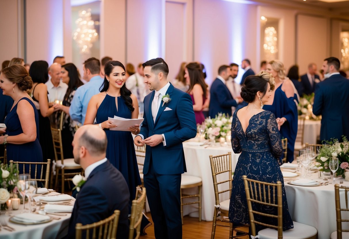 A bustling wedding reception with tables, chairs, and guests mingling. A wedding planner discusses seating arrangements with professionals
