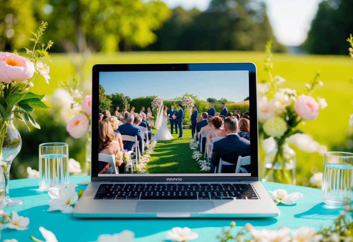 A laptop with a wedding ceremony streaming on a vibrant, sunlit outdoor setting with blooming flowers and greenery