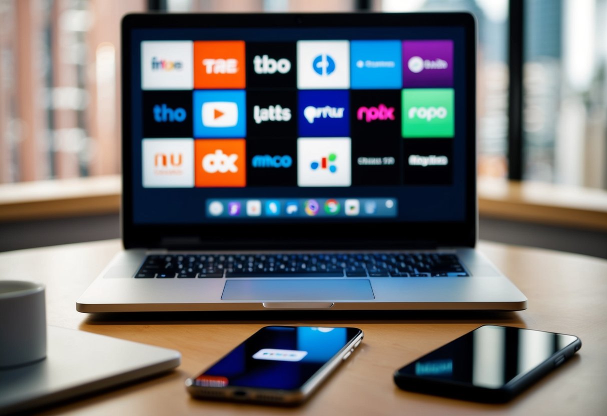 A laptop and smartphone on a table, with various streaming platform logos displayed on the screens