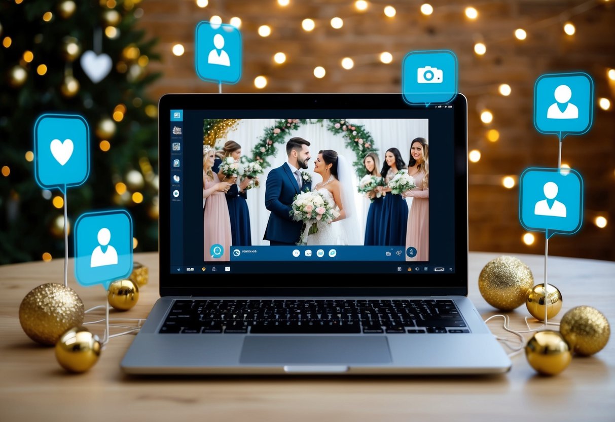 A laptop with a wedding streaming on a virtual platform, surrounded by festive decorations and virtual guest icons