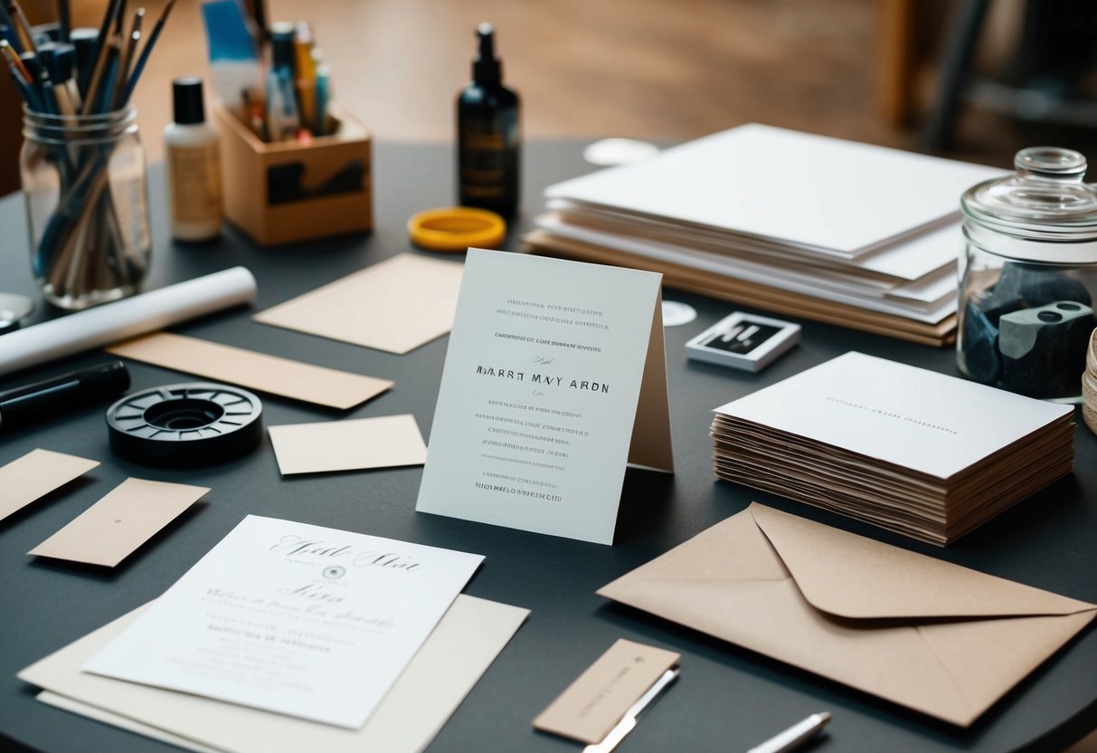 A table with various art supplies and paper, with a completed wedding invitation next to a stack of blank cards