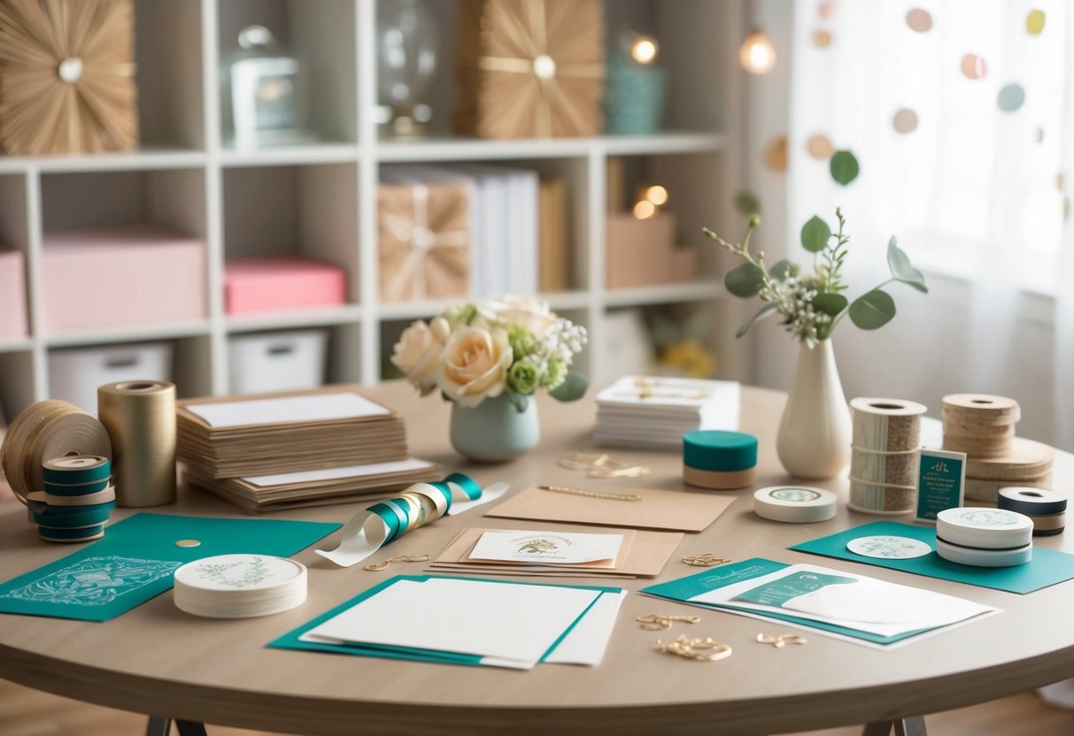 A table set with various crafting materials: cardstock, ribbons, stamps, and decorative elements for making DIY wedding invitations