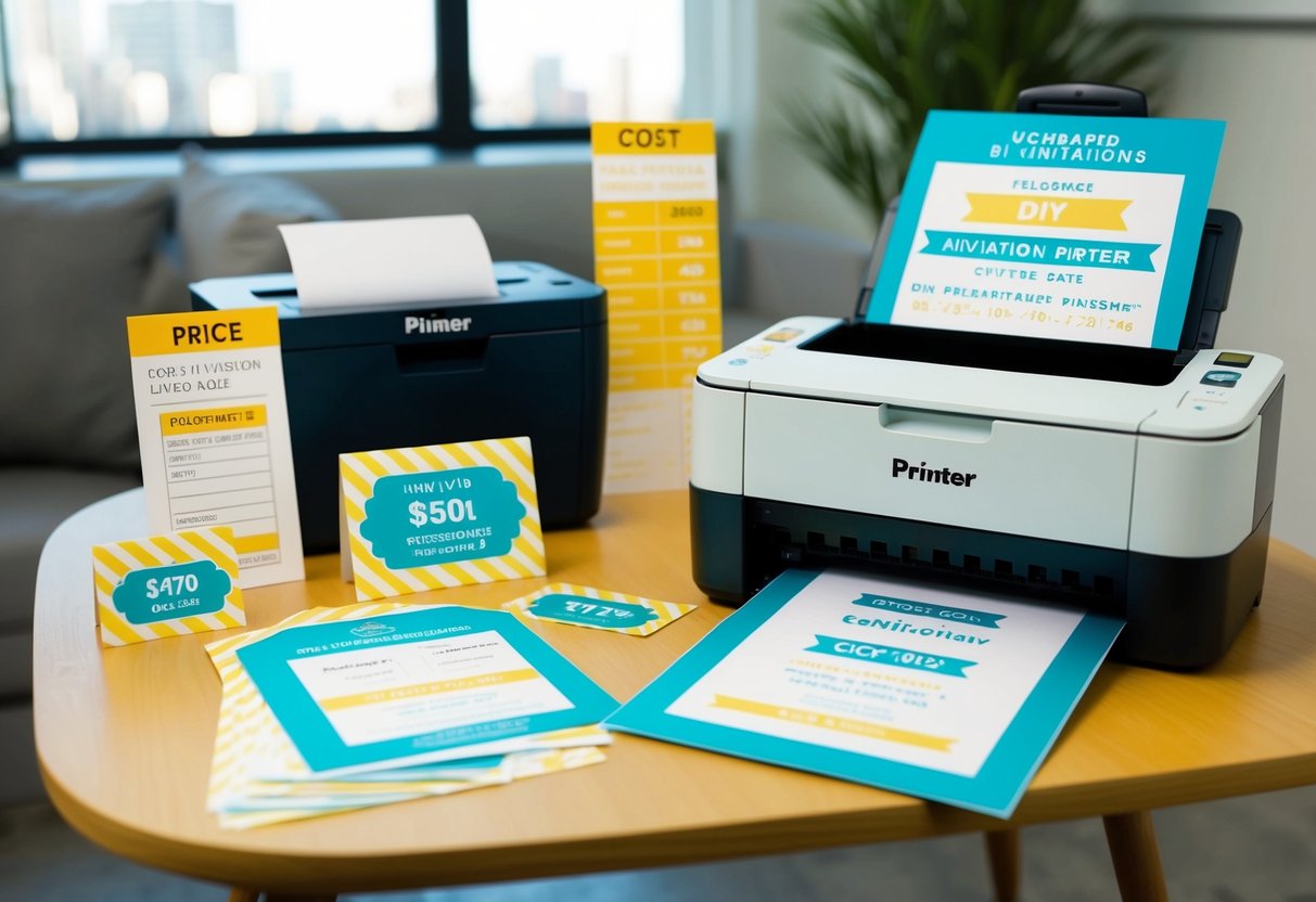 A table with DIY invitation supplies next to a professional printer with printed invitations, surrounded by price tags and cost comparison charts