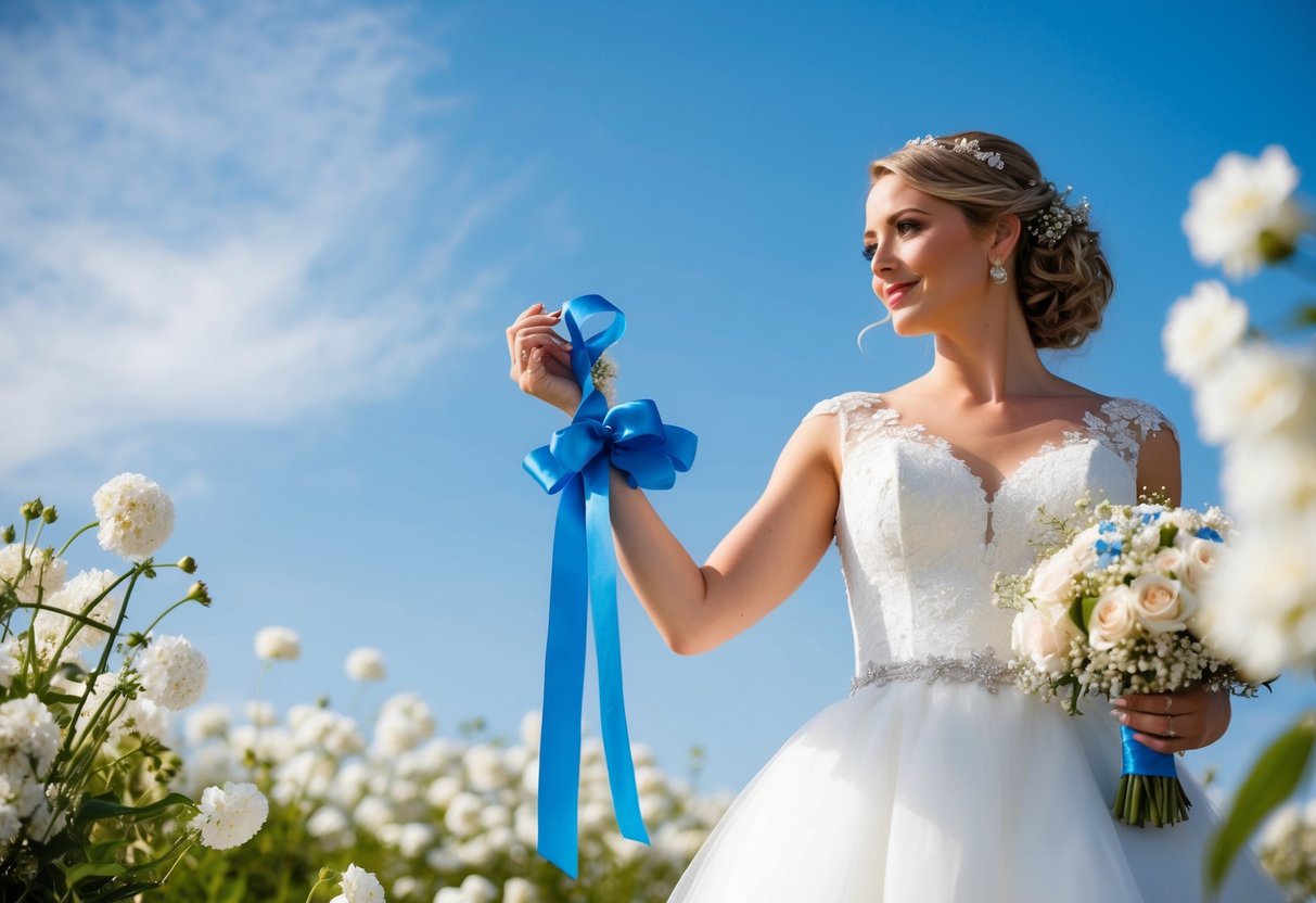 A bride holding a delicate blue ribbon, surrounded by white flowers and a clear blue sky