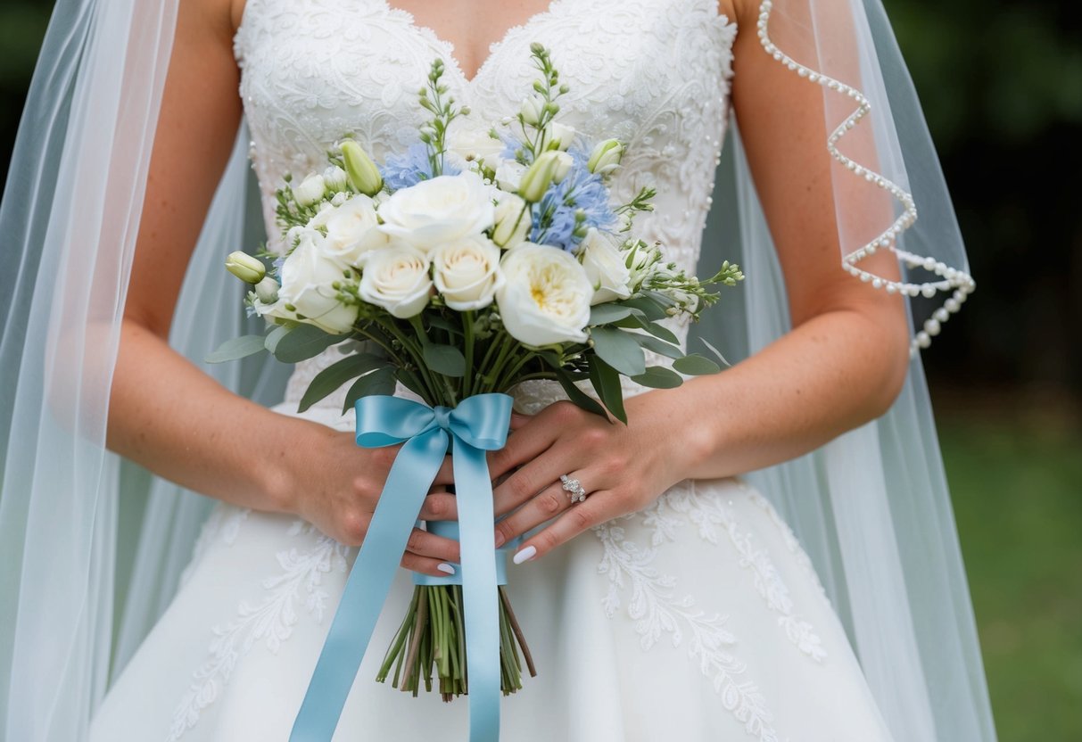 A bride holds a delicate blue ribbon, tying it around her bouquet of white flowers. The soft blue adds a subtle touch of tradition to her wedding ensemble