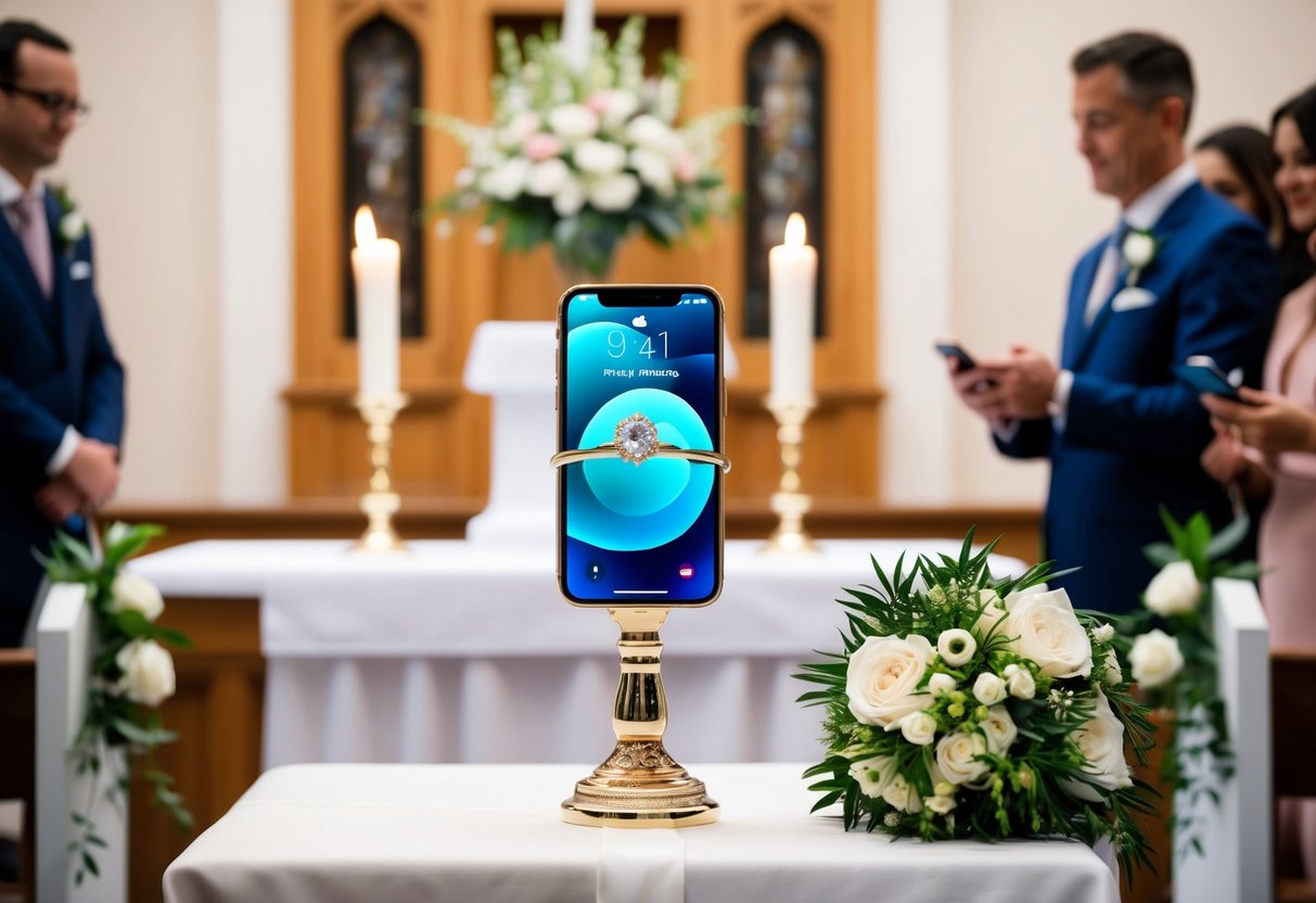 A phone wearing a wedding ring, standing at an altar with a bouquet of flowers