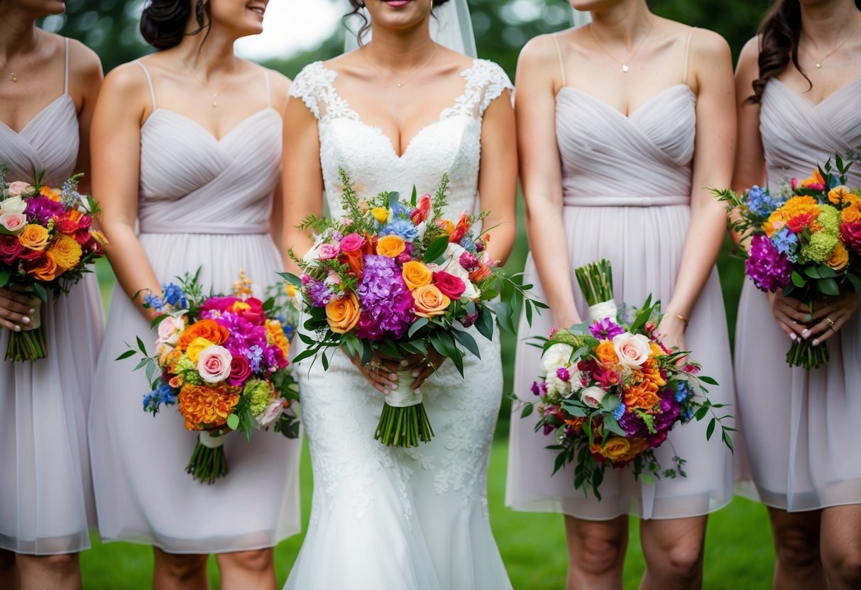 The bridesmaids carry bouquets of colorful flowers