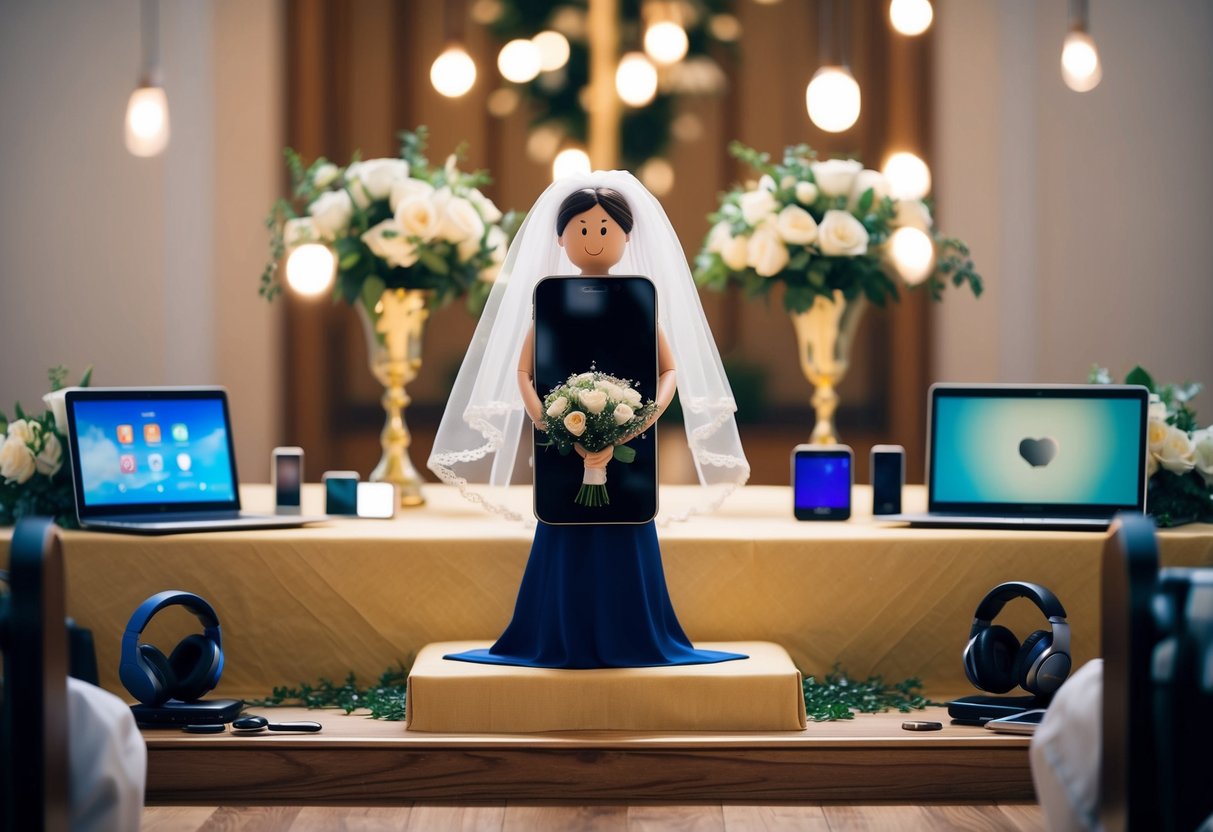 A personified smartphone stands at an altar, surrounded by adoring gadgets and accessories. The phone wears a veil and holds a bouquet, ready to marry its human owner