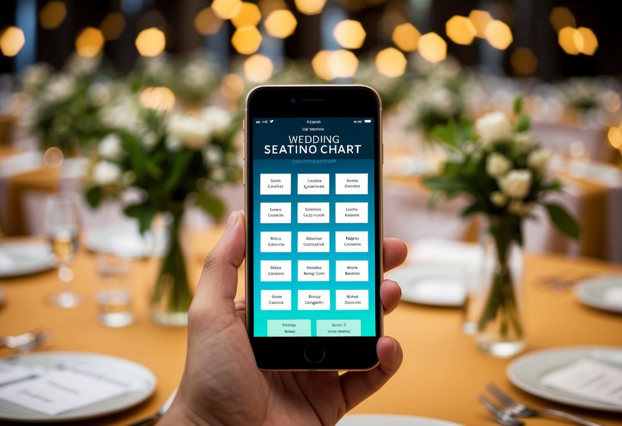 A smartphone displaying a wedding seating chart app with tables and guest names organized in a user-friendly interface
