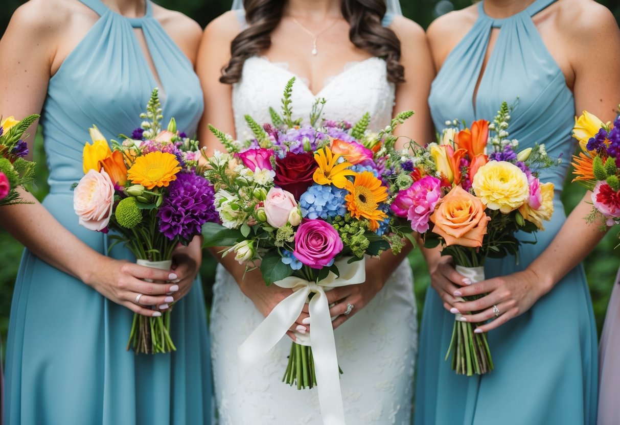 A collection of colorful flowers, tied together with a ribbon, held by a bridesmaid