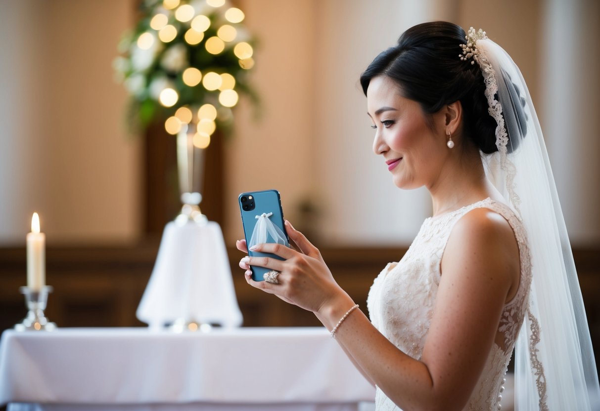 A person holding a phone and standing at a wedding altar, with the phone wearing a small wedding veil and the person looking lovingly at it