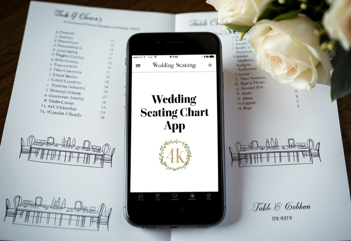 A smartphone with a wedding seating chart app open, surrounded by a list of guests and table layout sketches