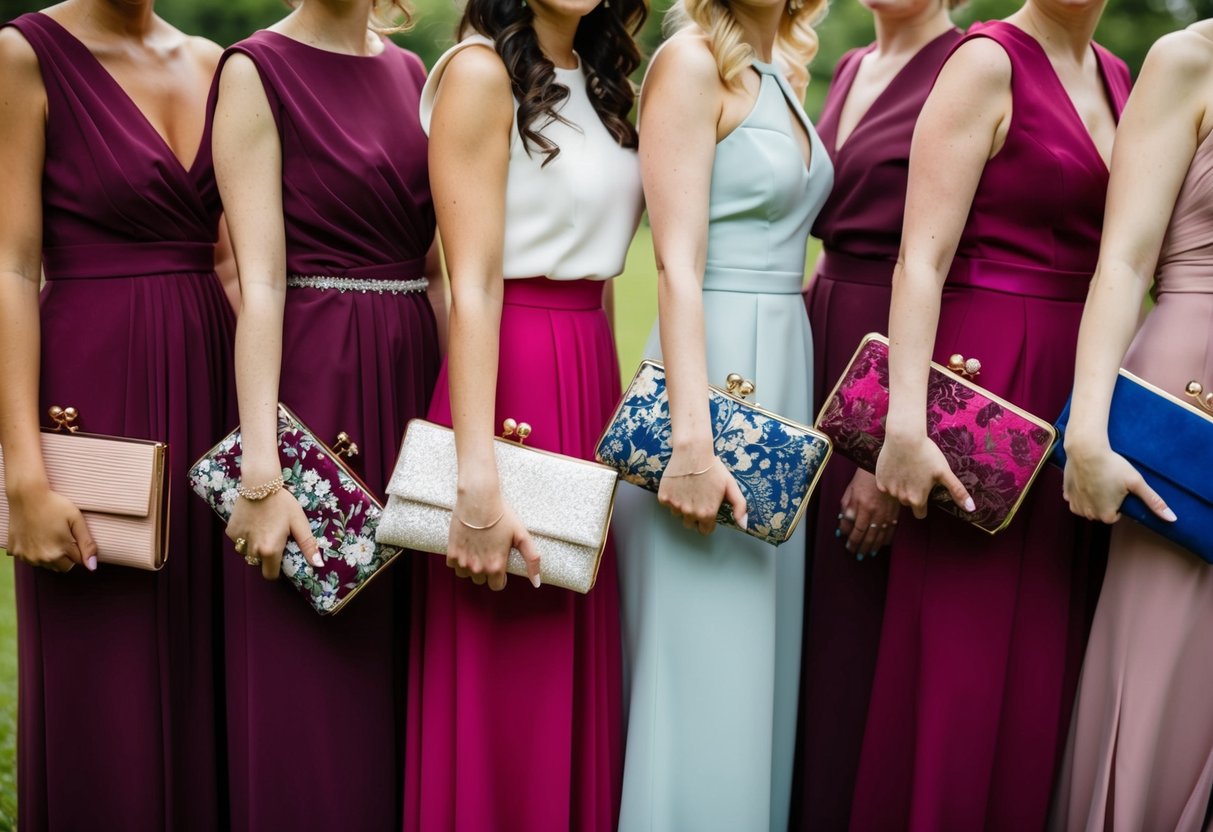Bridesmaids carry elegant clutch purses in various colors and designs, adding a touch of sophistication to their ensemble