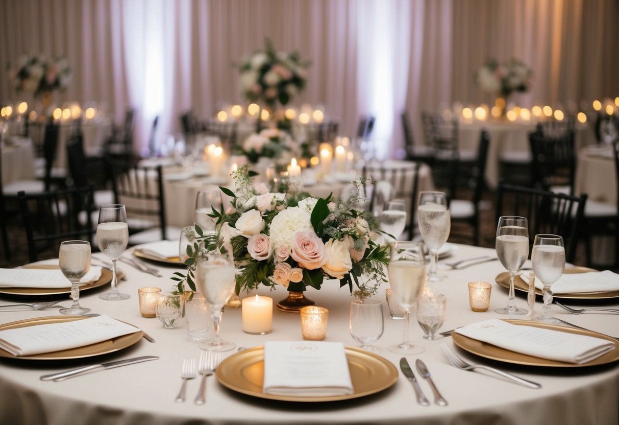 A beautifully set table with elegant place settings, floral centerpieces, and soft candlelight for a romantic wedding reception