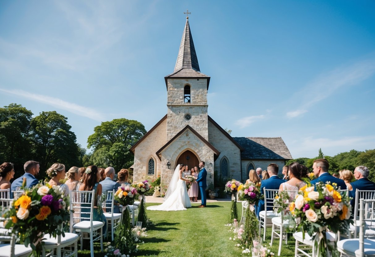 A beautiful countryside wedding ceremony with a charming stone church, lush greenery, and colorful floral arrangements under a clear blue sky