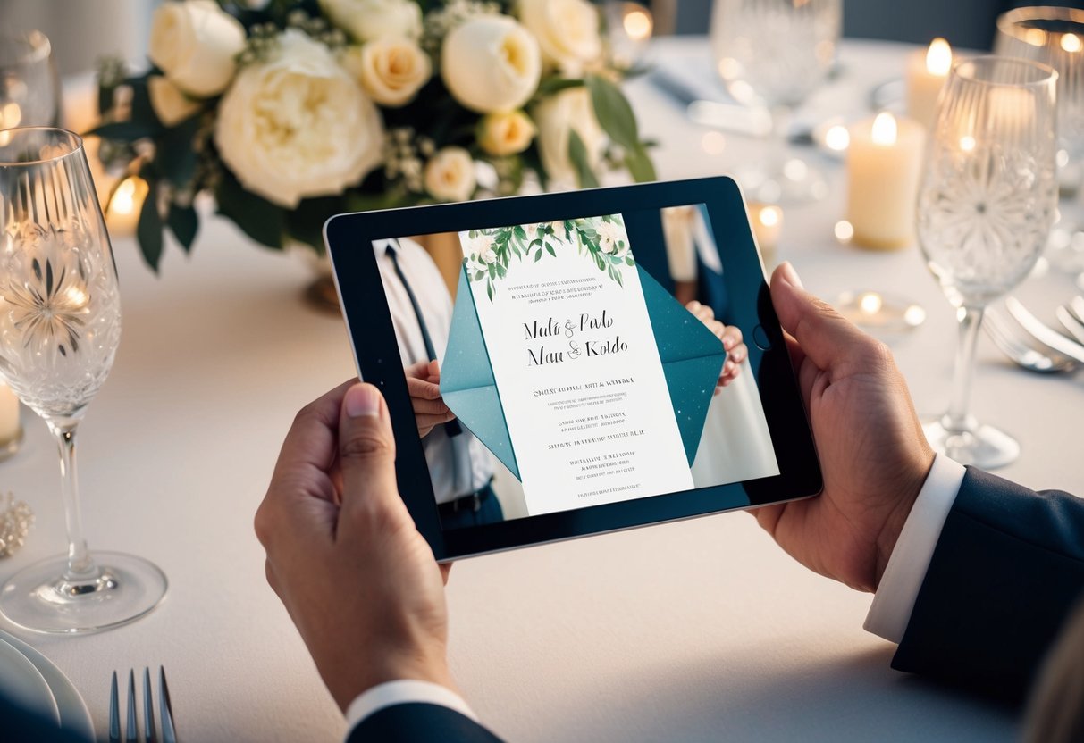 A couple's hands holding a digital tablet displaying a beautifully designed wedding invitation, surrounded by elegant decor and soft lighting
