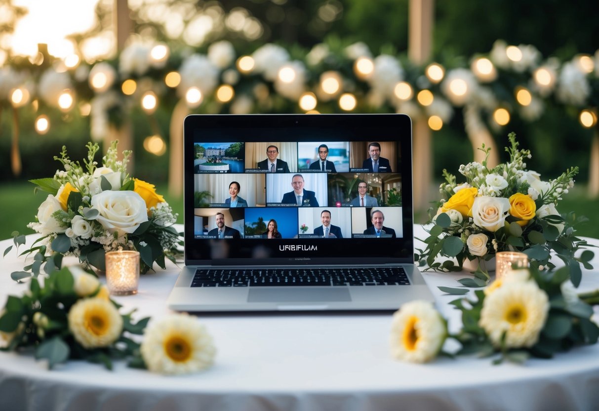 A laptop with a wedding livestream set up, surrounded by flowers and decorations