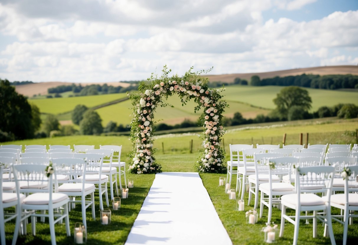 A beautiful outdoor wedding ceremony with a floral arch and rows of white chairs. A picturesque English countryside setting with rolling hills in the background