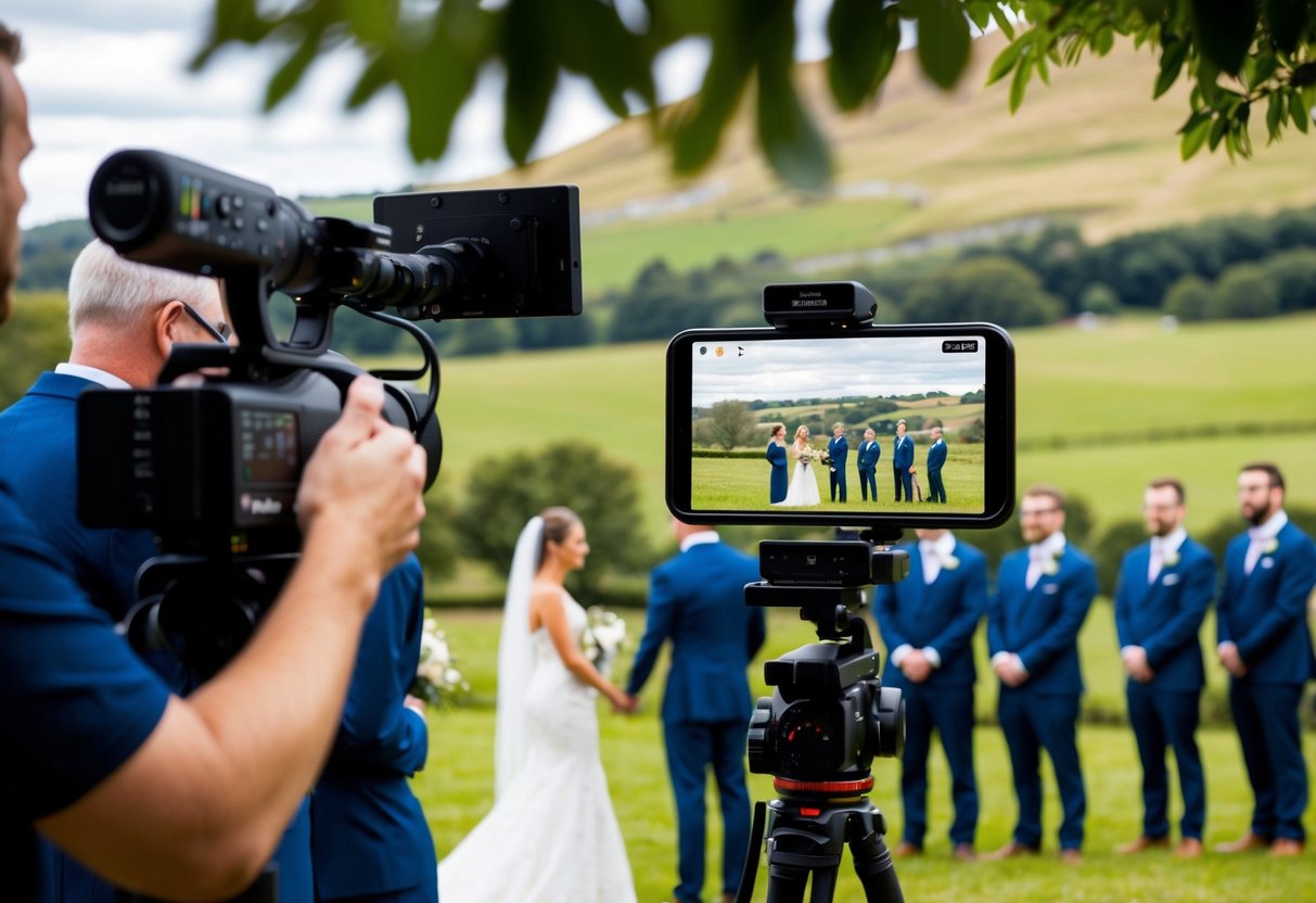 A wedding ceremony being livestreamed with a backdrop of a scenic countryside setting, with a small gathering of people and a camera setup