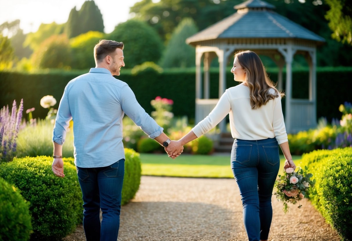 A couple holding hands while walking through a garden with a gazebo in the background