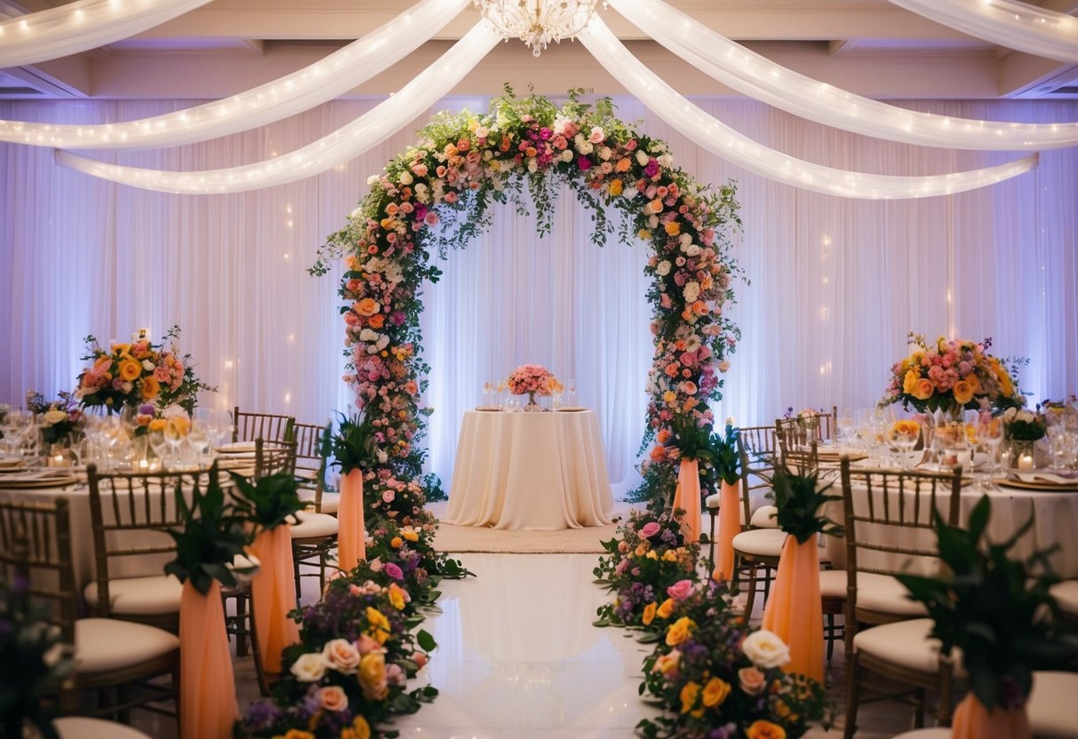 A colorful array of flowers, elegant table settings, and a grand wedding arch adorned with flowing fabric and twinkling lights