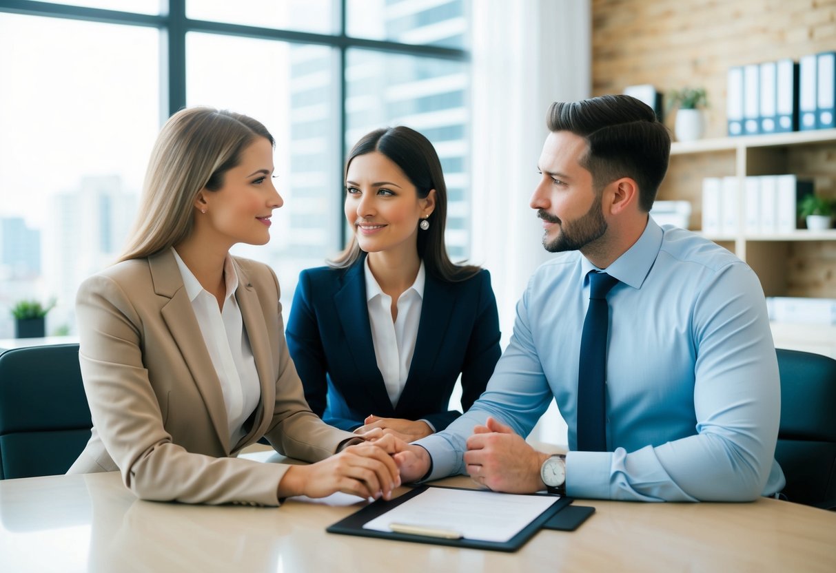 A couple consulting with a lawyer in an office, discussing legal and financial matters before getting married