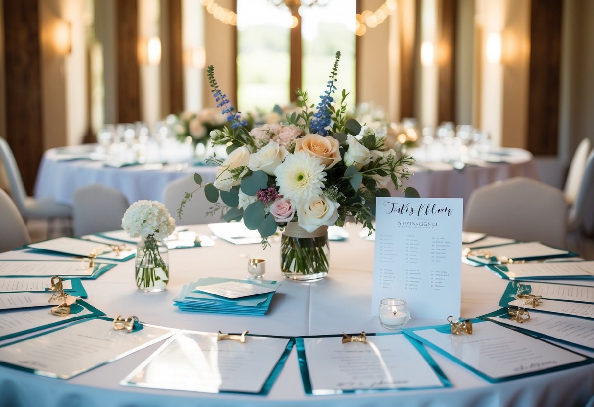 A table covered in wedding planning materials, including invitations, flowers, and a seating chart