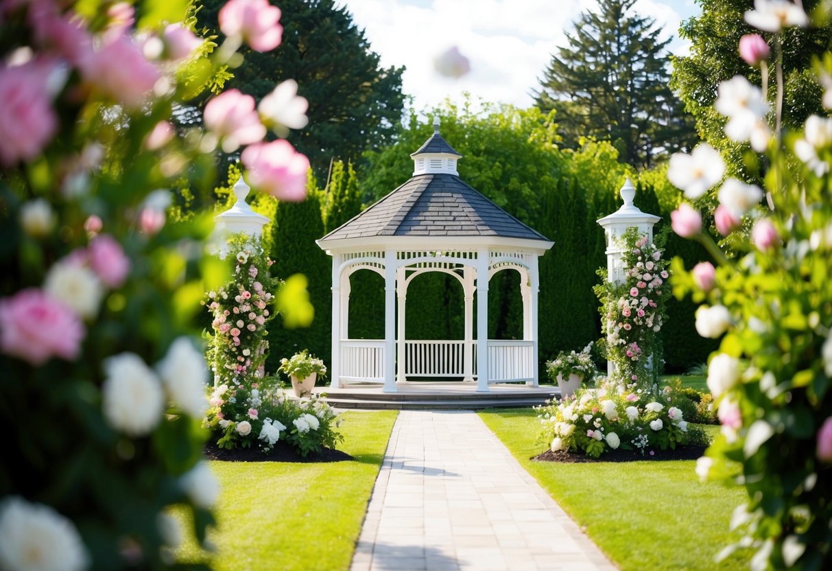 A picturesque outdoor wedding venue with blooming flowers, elegant arches, and a charming gazebo surrounded by lush greenery