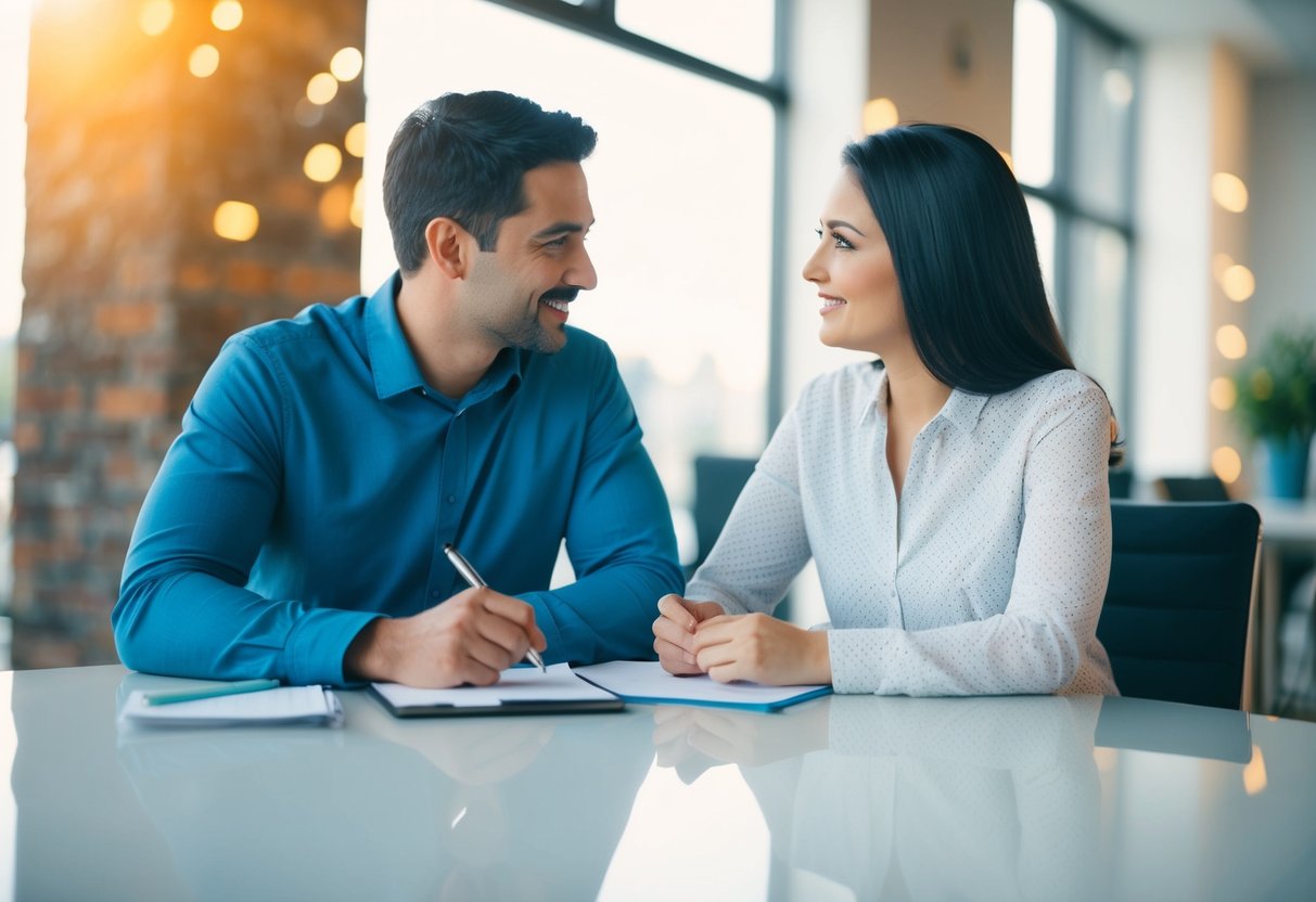 A couple sits at a table with a pen and paper, discussing their future plans and dreams together