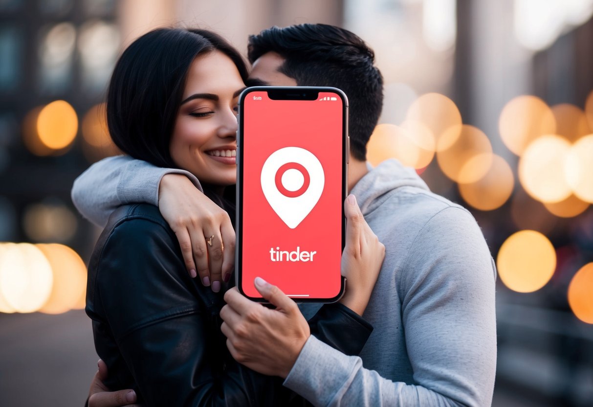 A couple embraces in front of a phone displaying the Tinder logo