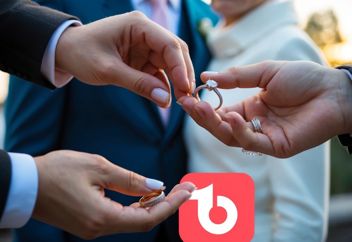 A couple exchanging wedding rings with a Tinder logo in the background