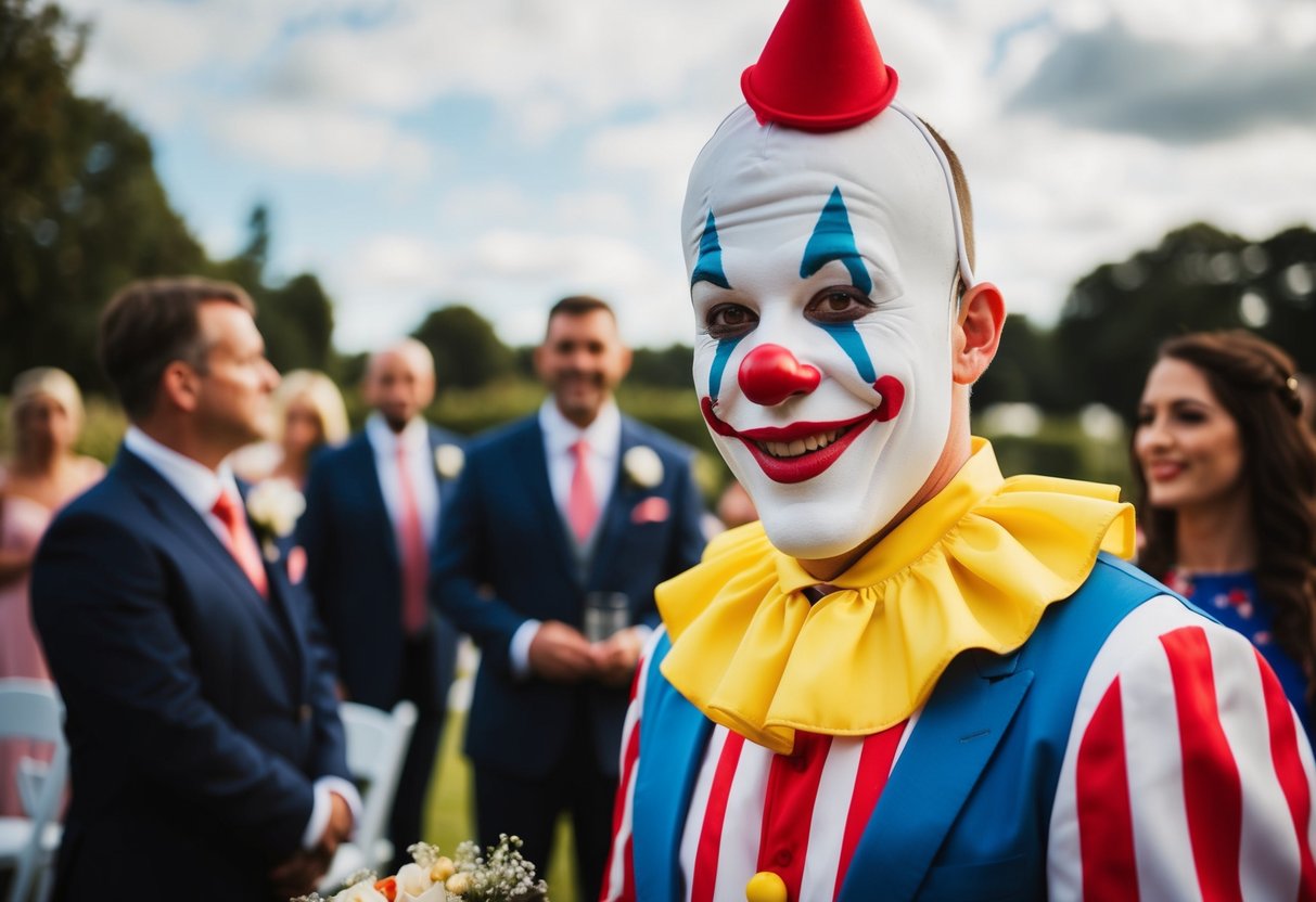 A wedding guest wearing a clown costume